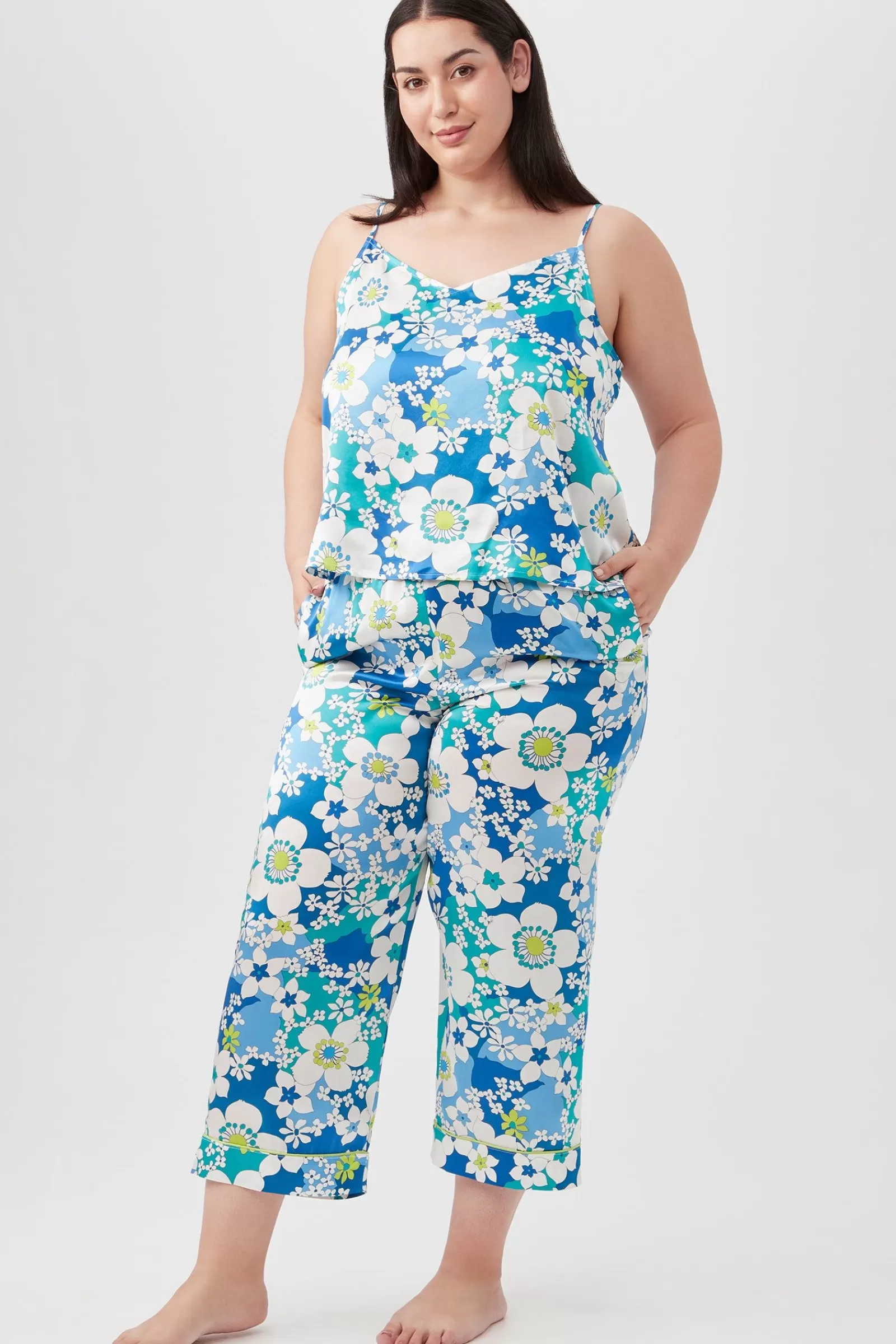 Women Trina Turk Bali Floral Women'S Cami Tank Cropped Pant Silk Pj Set