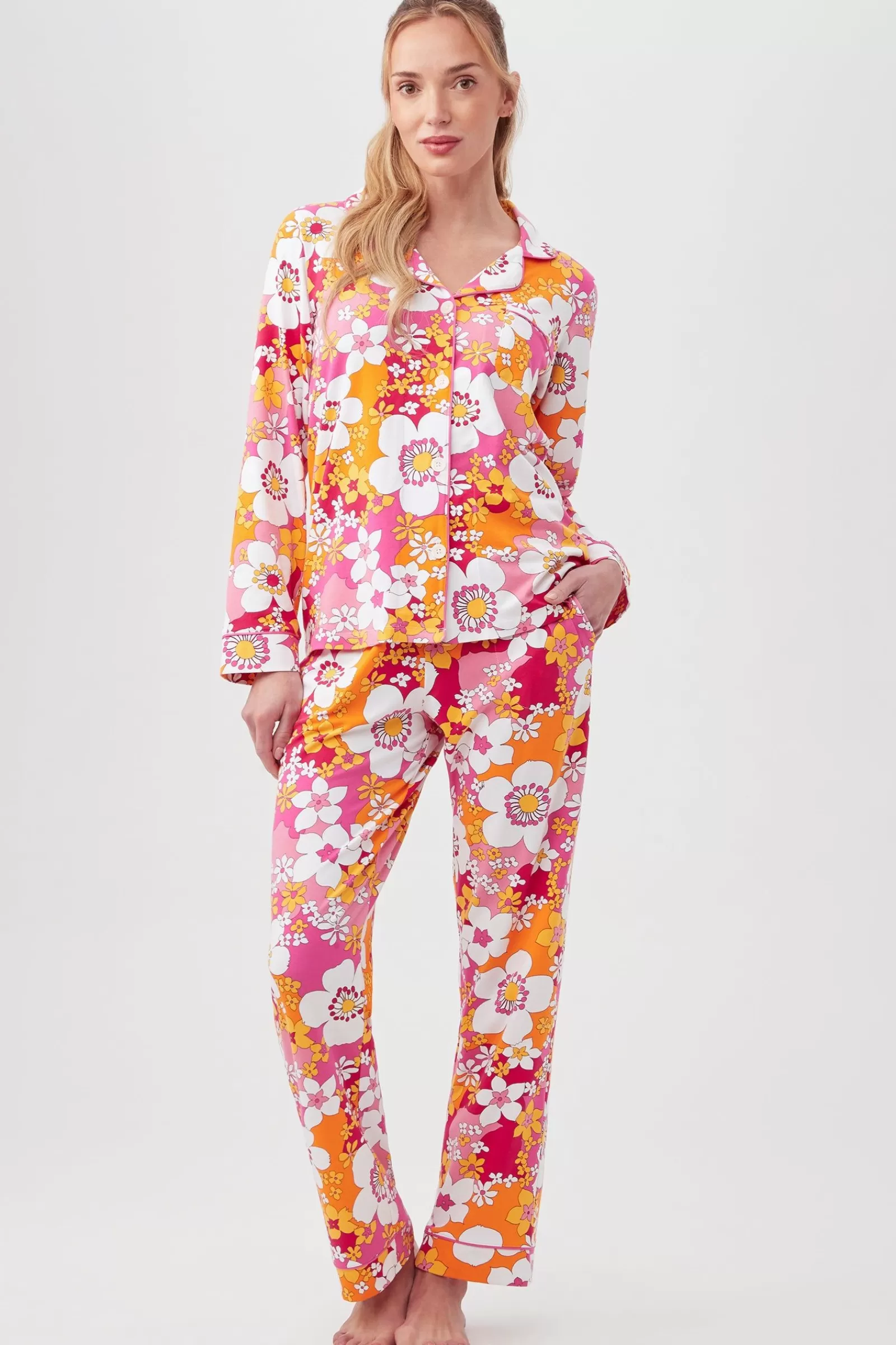 Women Trina Turk Bali Pink Floral Women'S Long Sleeve Long Pant Jersey Pj Set