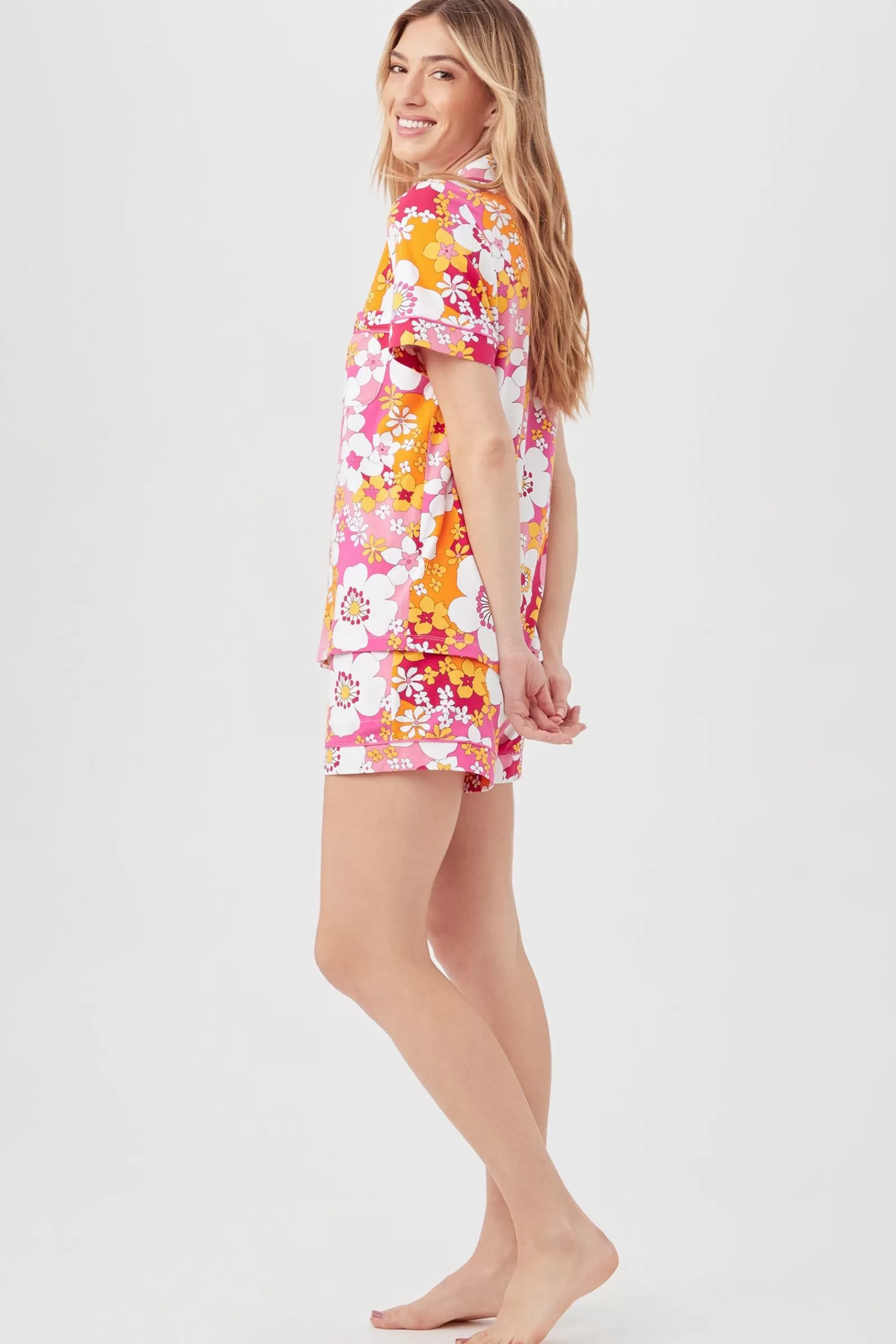 Women Trina Turk Bali Pink Floral Women'S Short Sleeve Shorty Jersey Pj Set