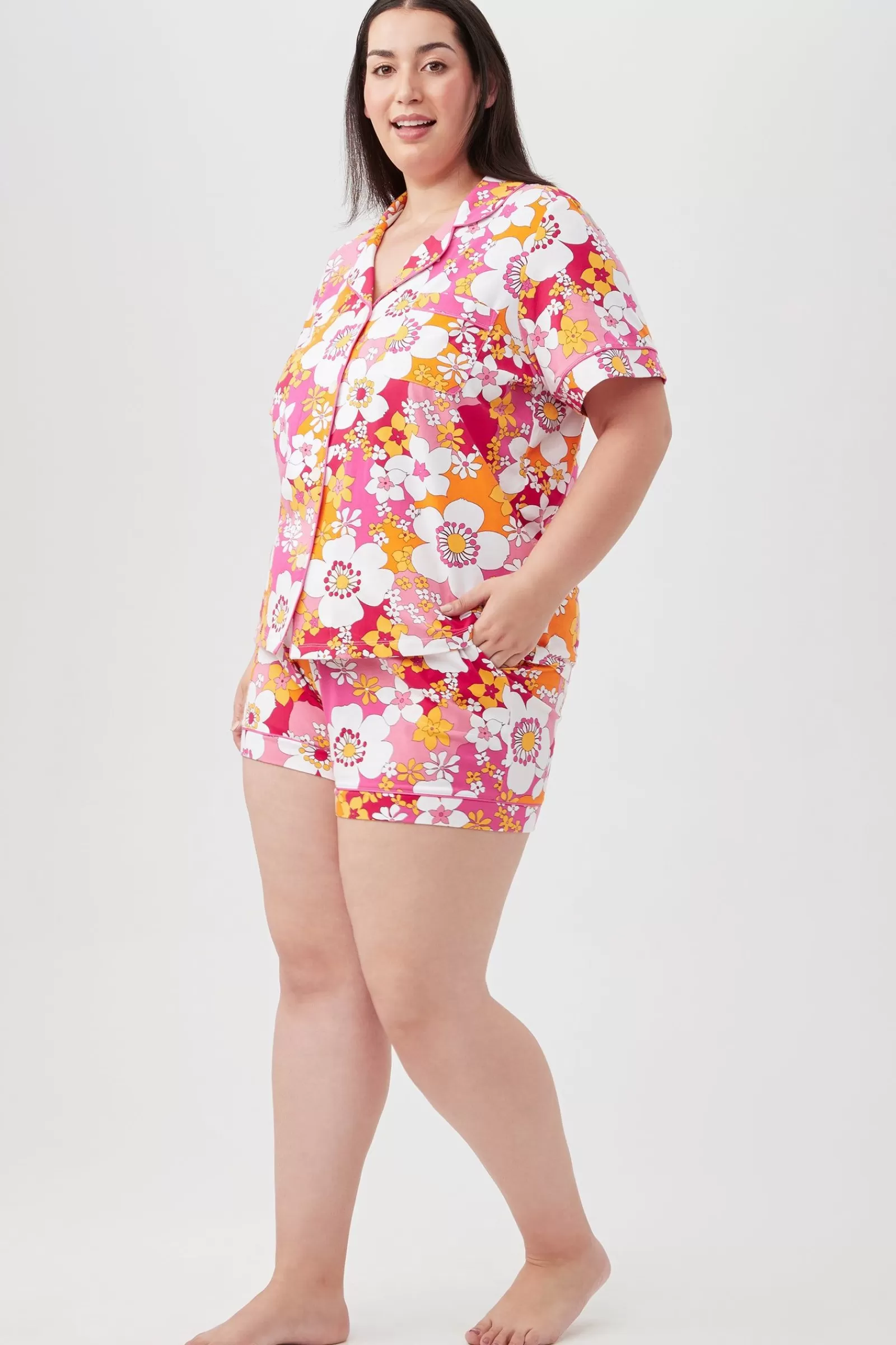 Women Trina Turk Bali Pink Floral Women'S Short Sleeve Shorty Jersey Pj Set