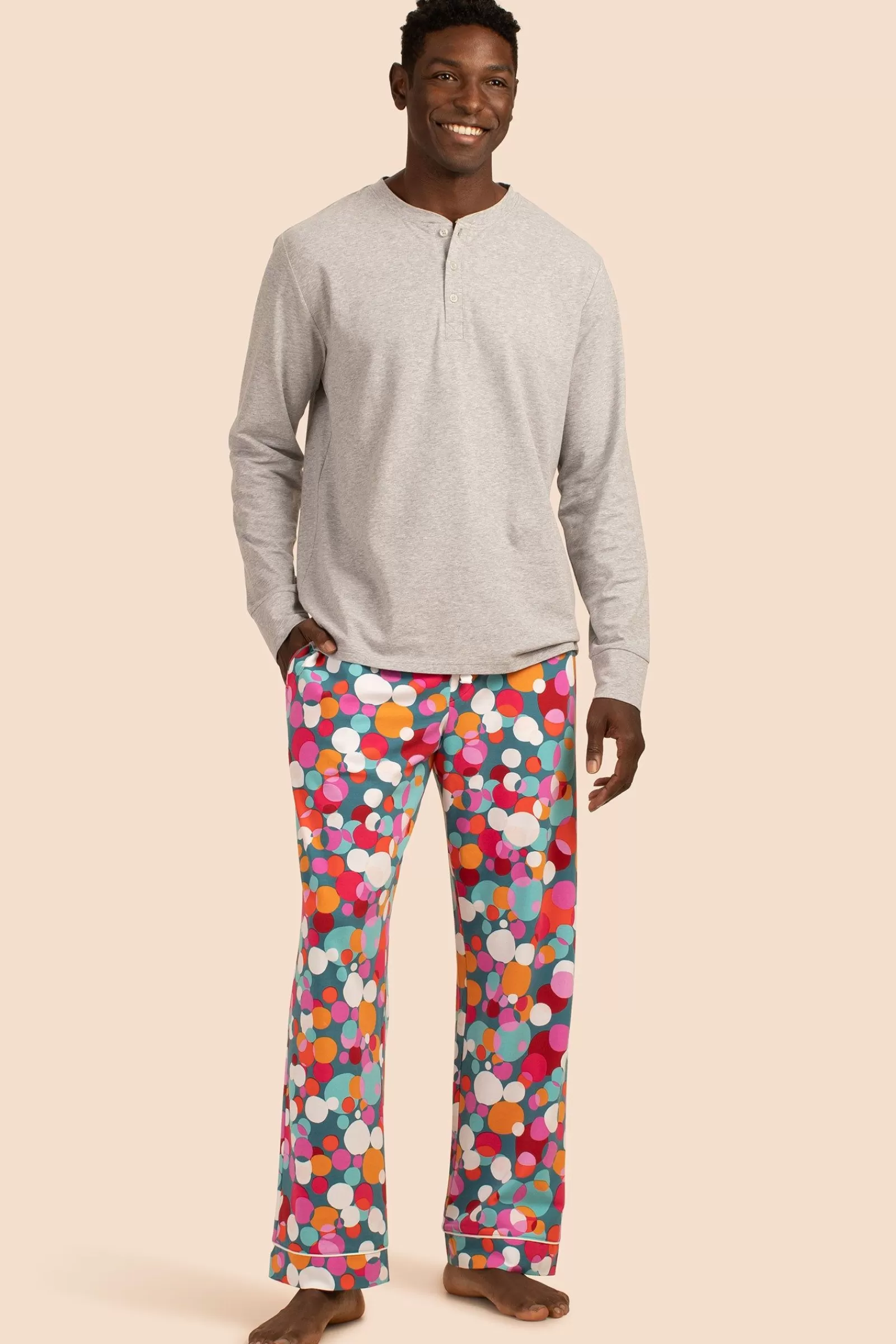 Men Trina Turk Bubble Dots Men'S Long Sleeve Henley Long Pant Pj Set