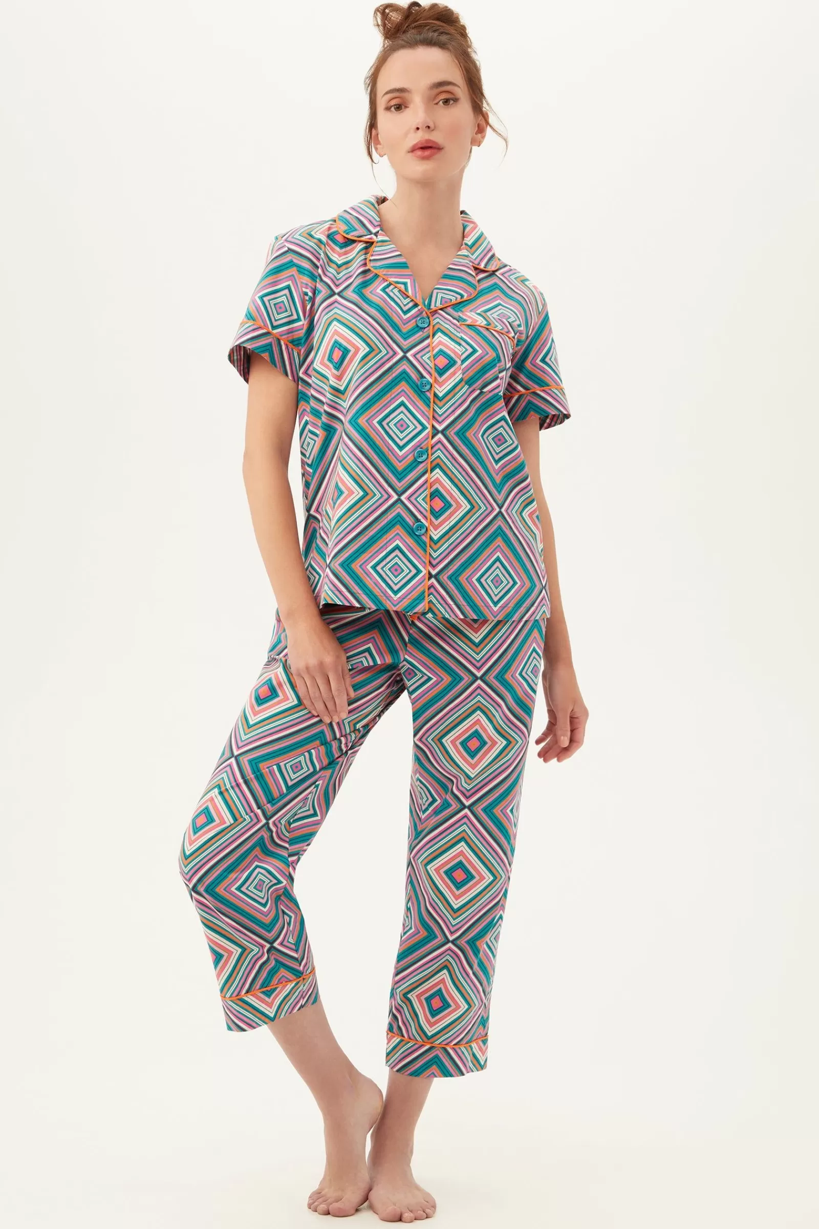Women Trina Turk Diamond Geo Women'S Short Sleeve Cropped Pant Jersey Pj Set