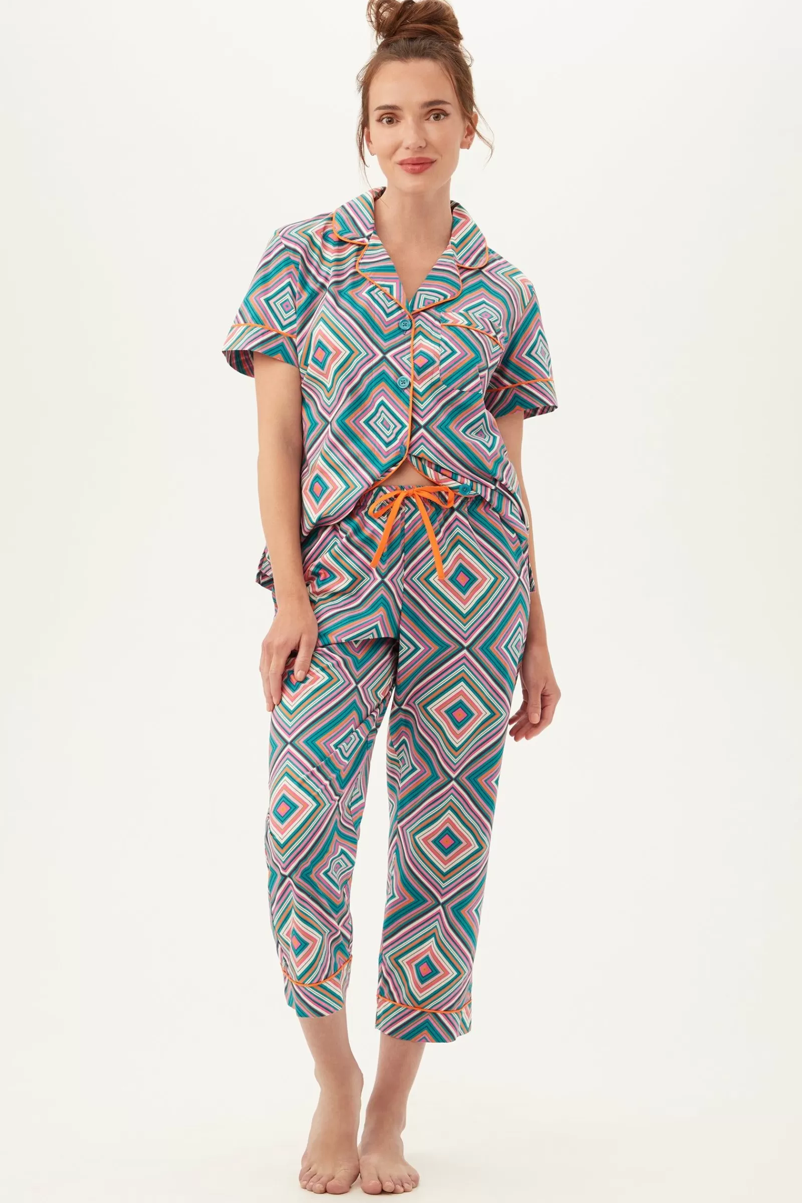 Women Trina Turk Diamond Geo Women'S Short Sleeve Cropped Pant Jersey Pj Set
