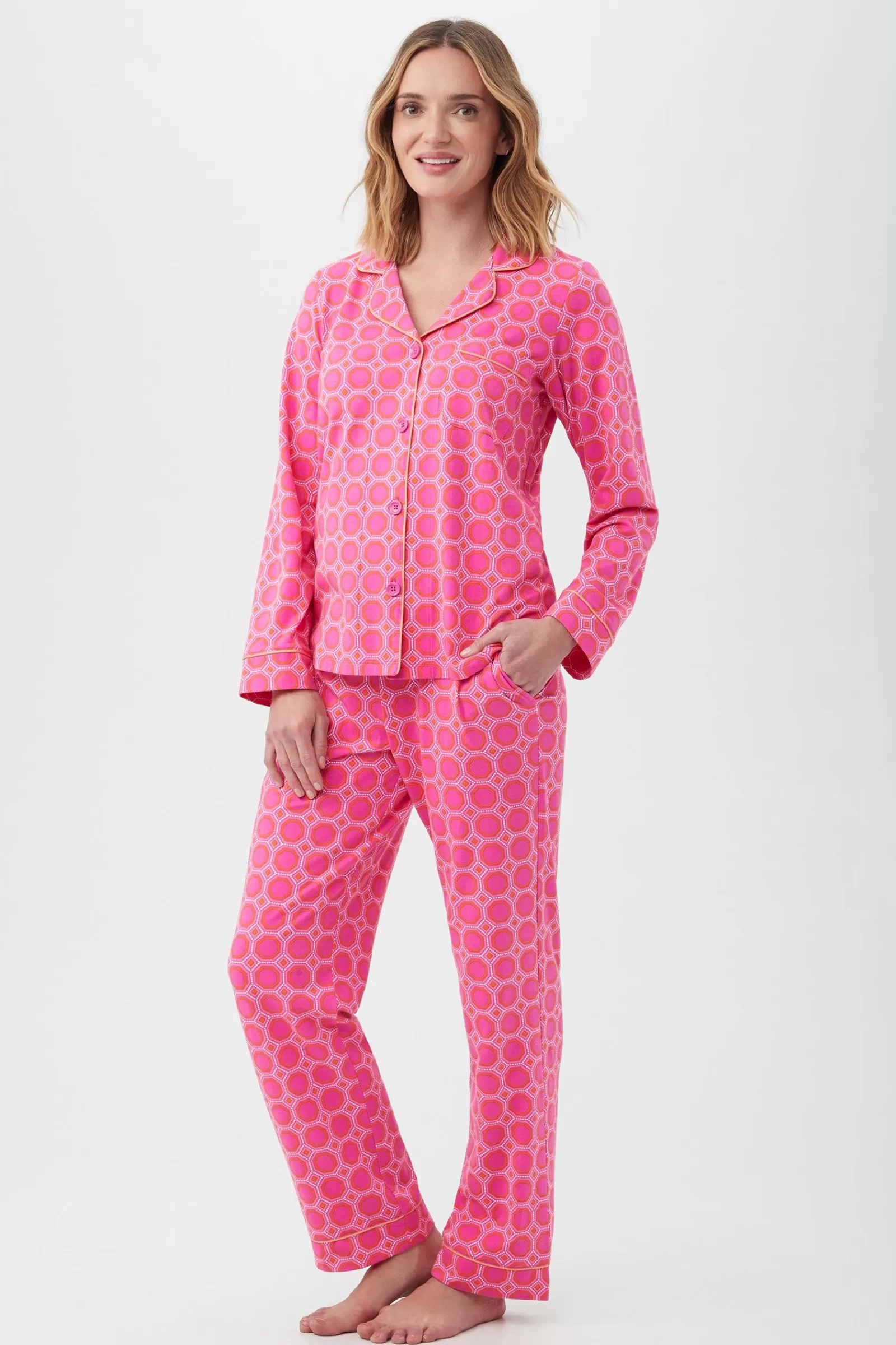 Women Trina Turk Geo Hex Women'S Long Sleeve Long Pant Jersey Pj Set