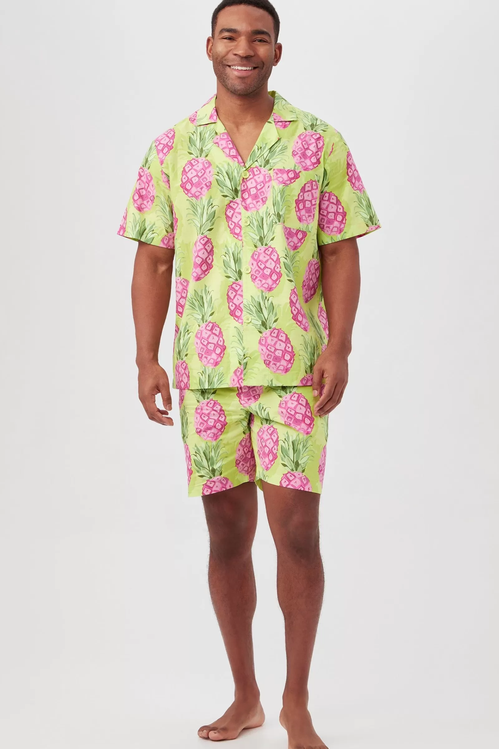 Men Trina Turk Kiwi Pineapple Men'S Short Sleeve Boxer Short Poplin Pj Set