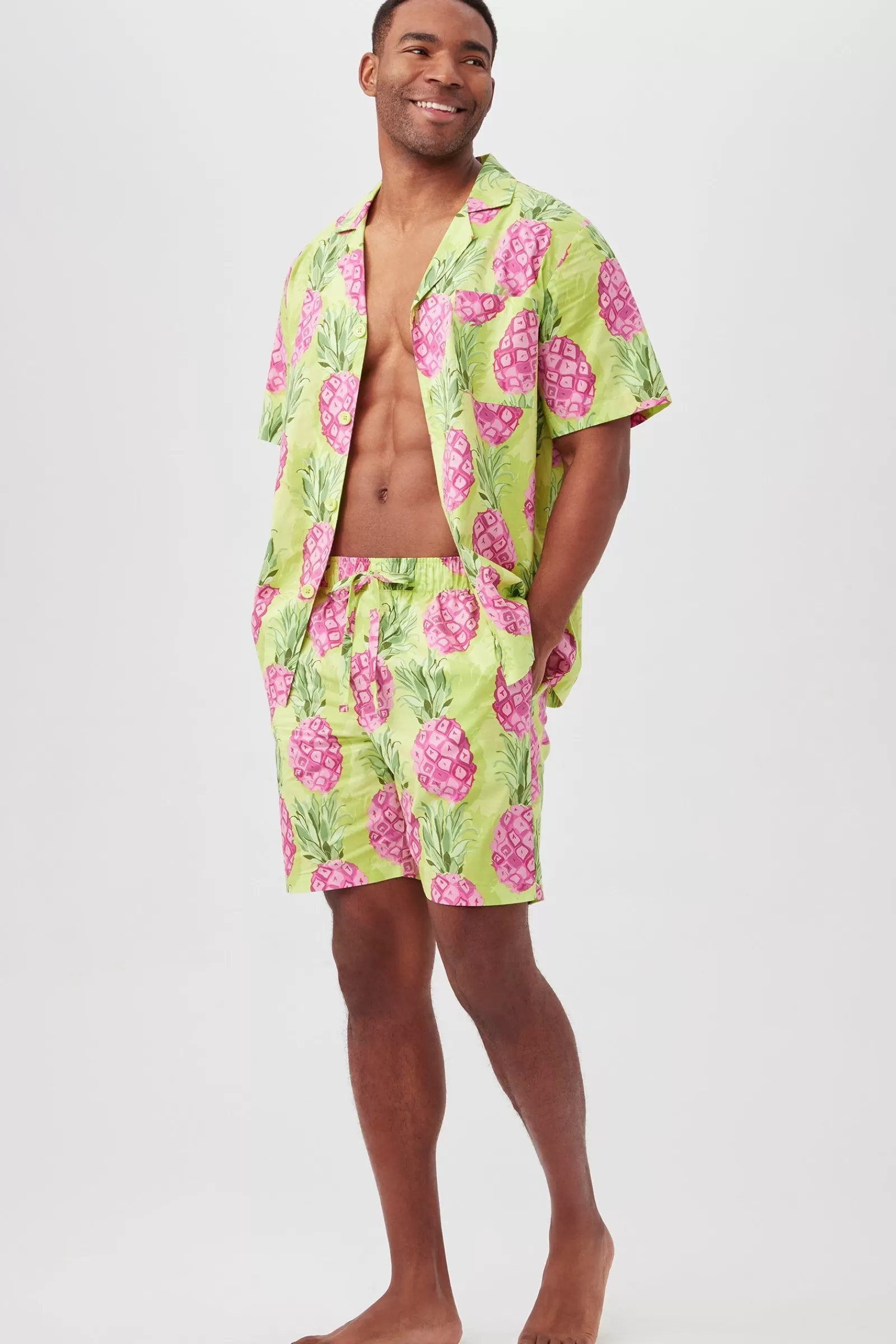 Men Trina Turk Kiwi Pineapple Men'S Short Sleeve Boxer Short Poplin Pj Set