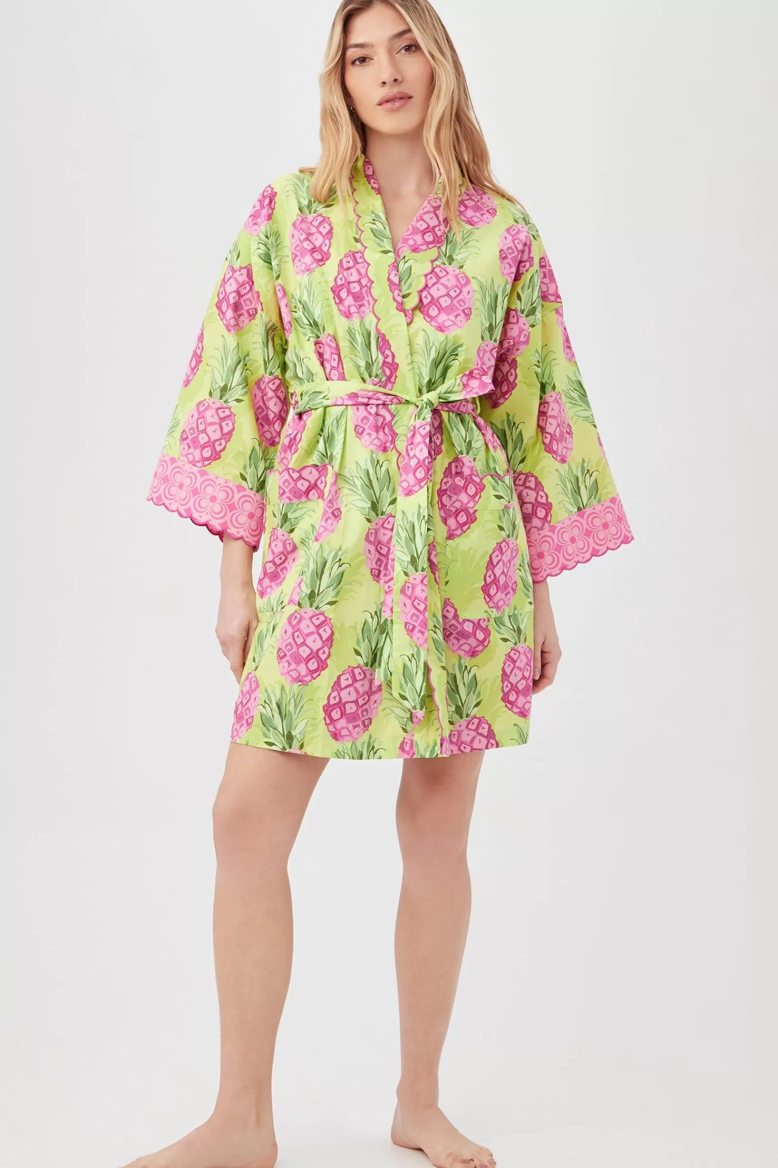 Women Trina Turk Kiwi Pineapple Women'S Long Sleeve Short Scallop Poplin Robe