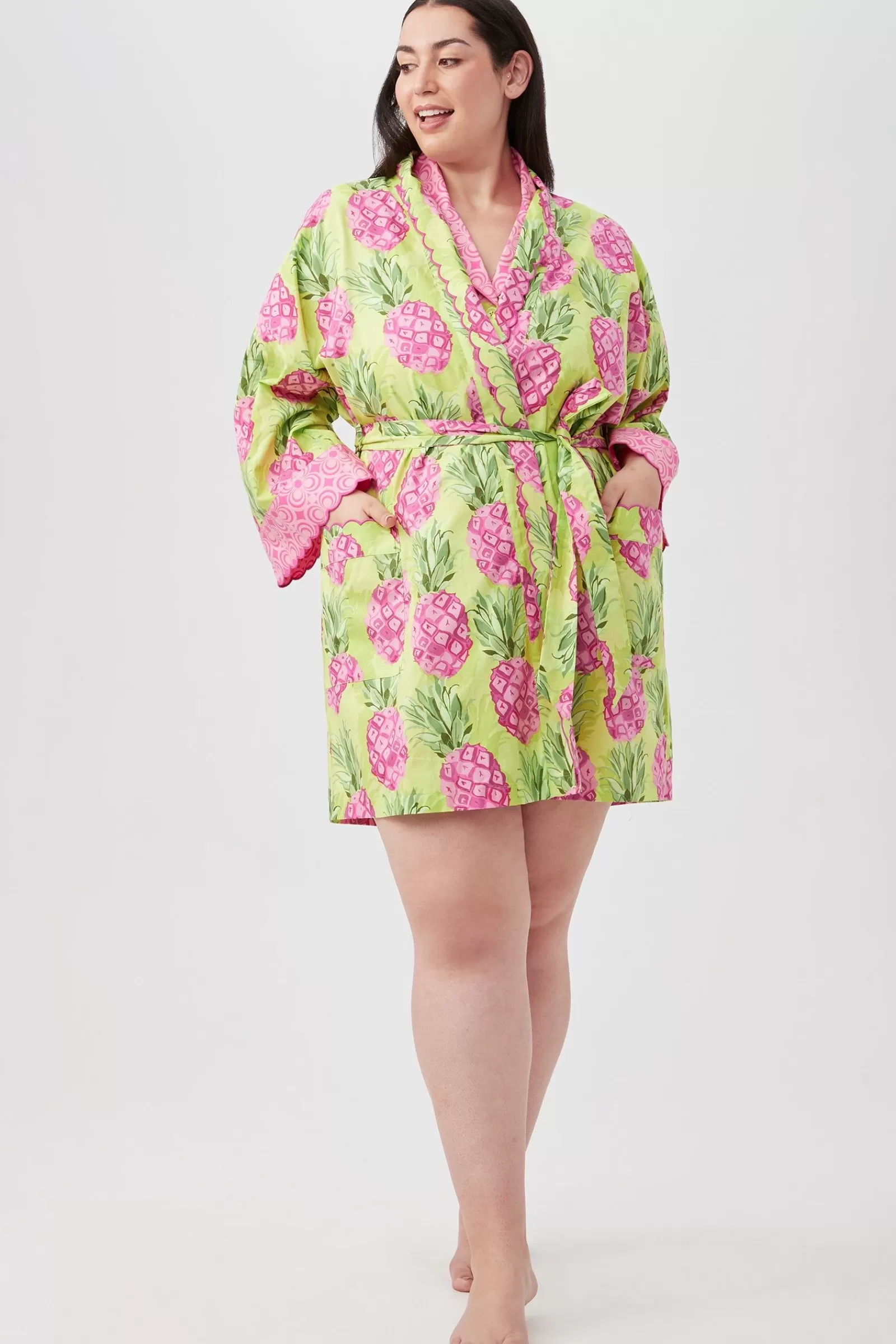 Women Trina Turk Kiwi Pineapple Women'S Long Sleeve Short Scallop Poplin Robe