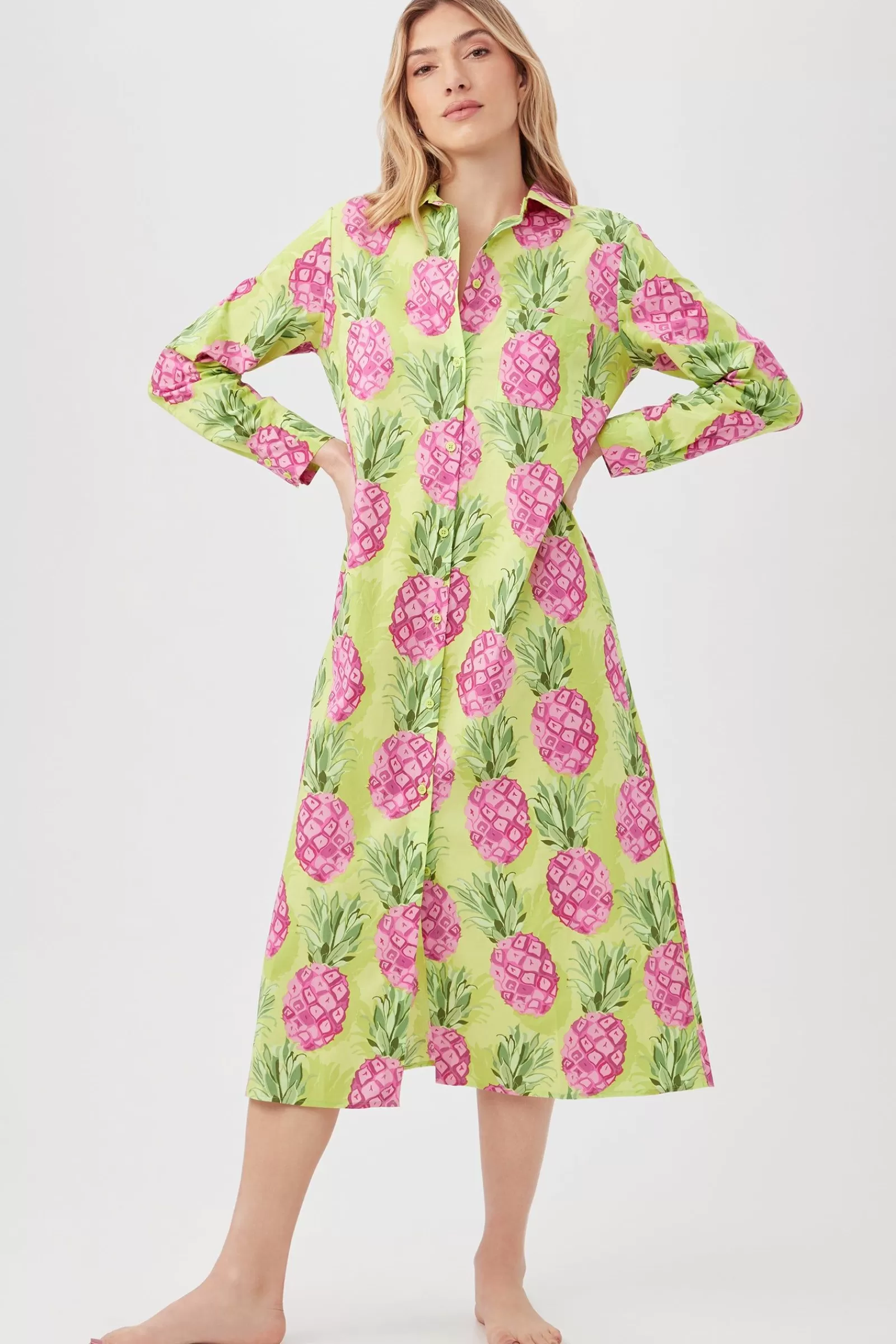 Women Trina Turk Kiwi Pineapple Women'S Maxi Length Button-Front Sleepshirt