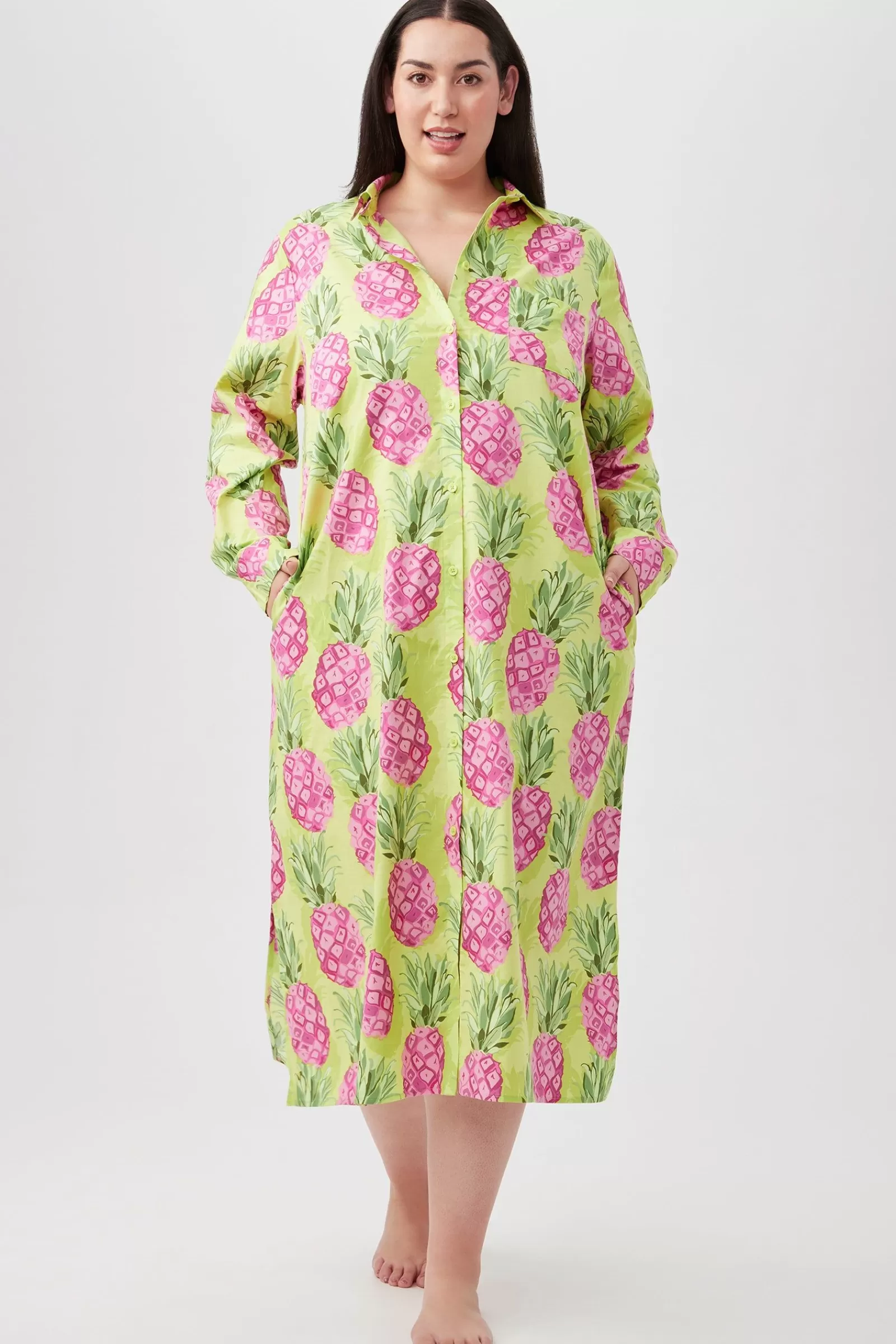 Women Trina Turk Kiwi Pineapple Women'S Maxi Length Button-Front Sleepshirt