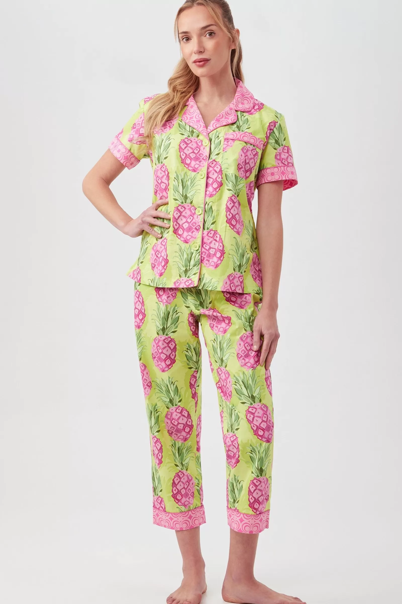 Women Trina Turk Kiwi Pineapple Women'S Short Sleeve Cropped Pant Poplin Pj Set