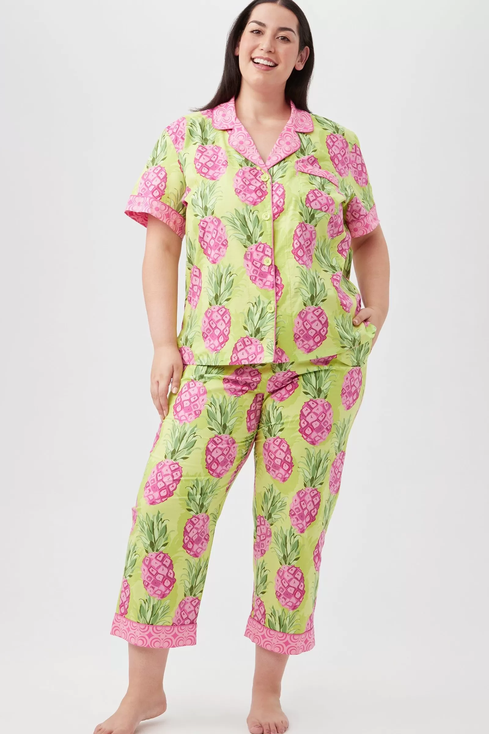 Women Trina Turk Kiwi Pineapple Women'S Short Sleeve Cropped Pant Poplin Pj Set