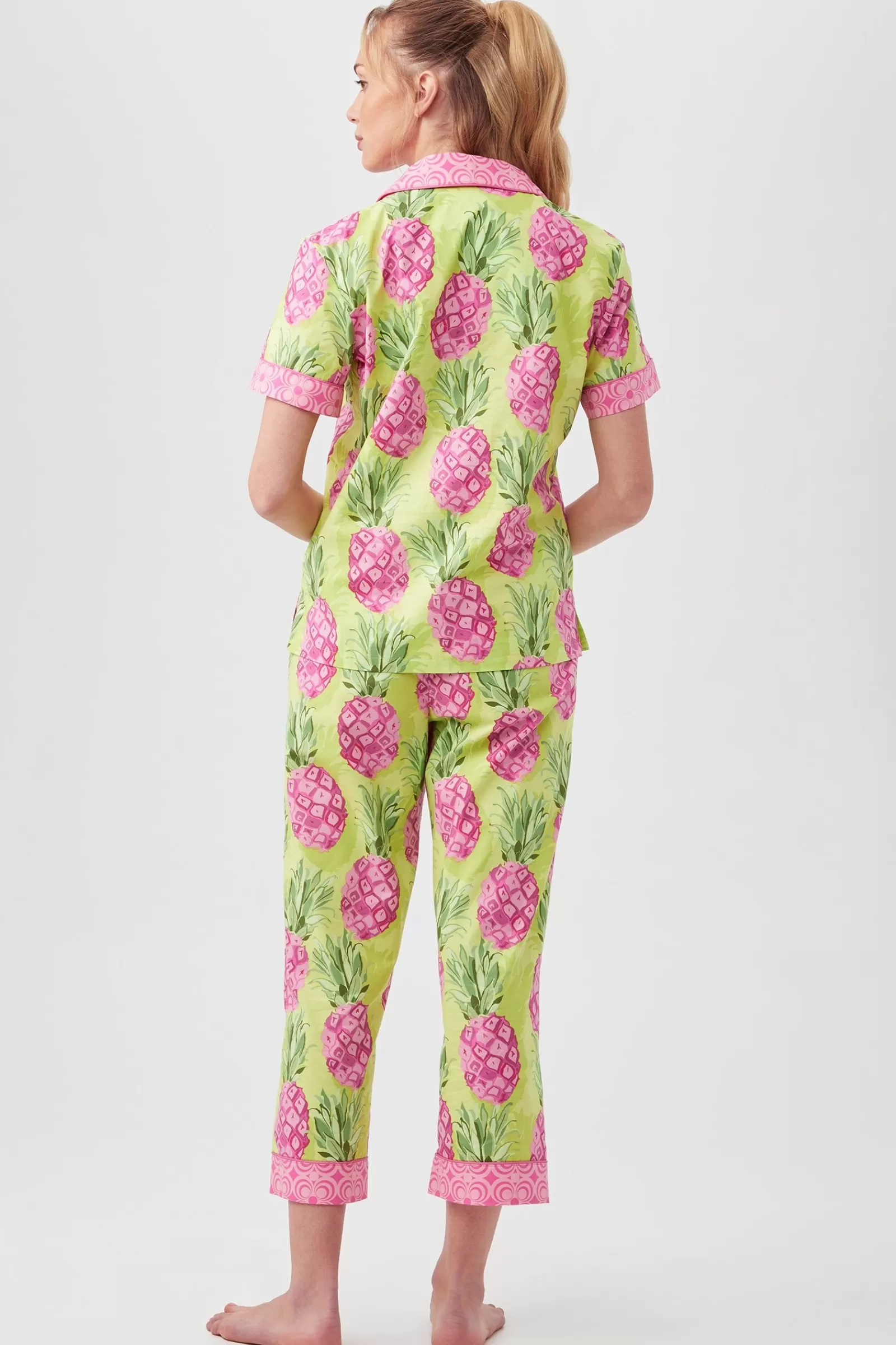 Women Trina Turk Kiwi Pineapple Women'S Short Sleeve Cropped Pant Poplin Pj Set