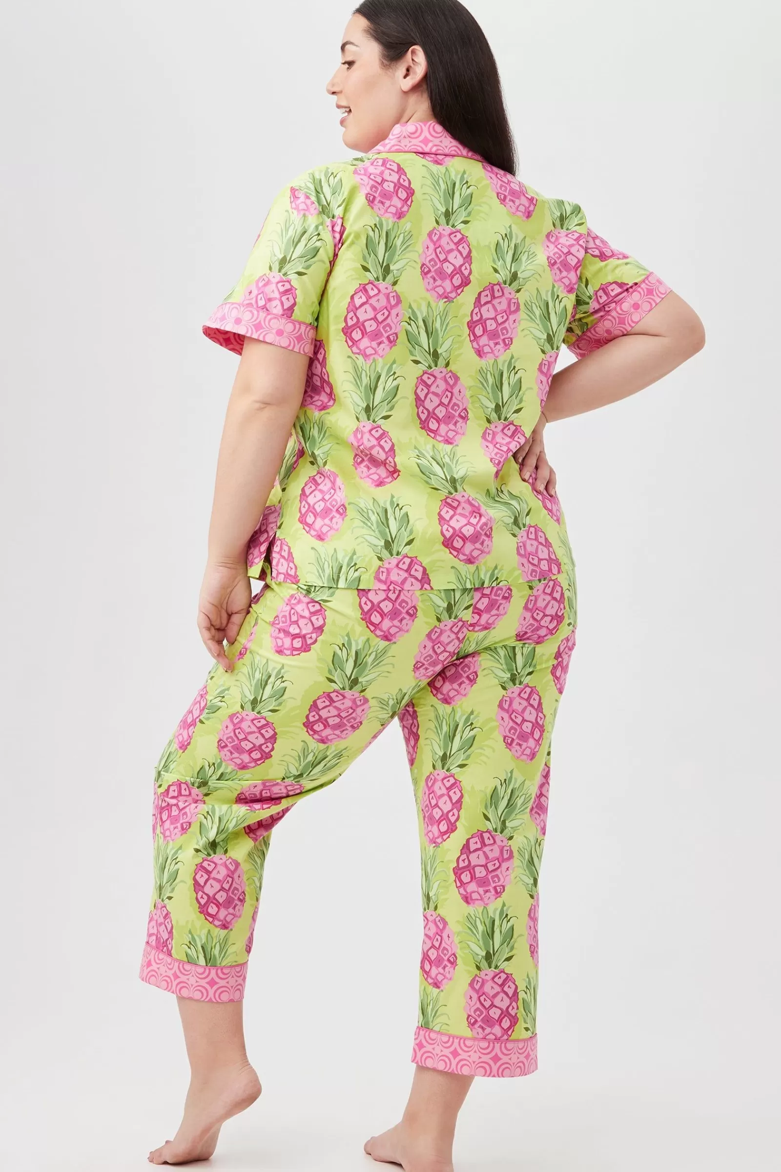 Women Trina Turk Kiwi Pineapple Women'S Short Sleeve Cropped Pant Poplin Pj Set