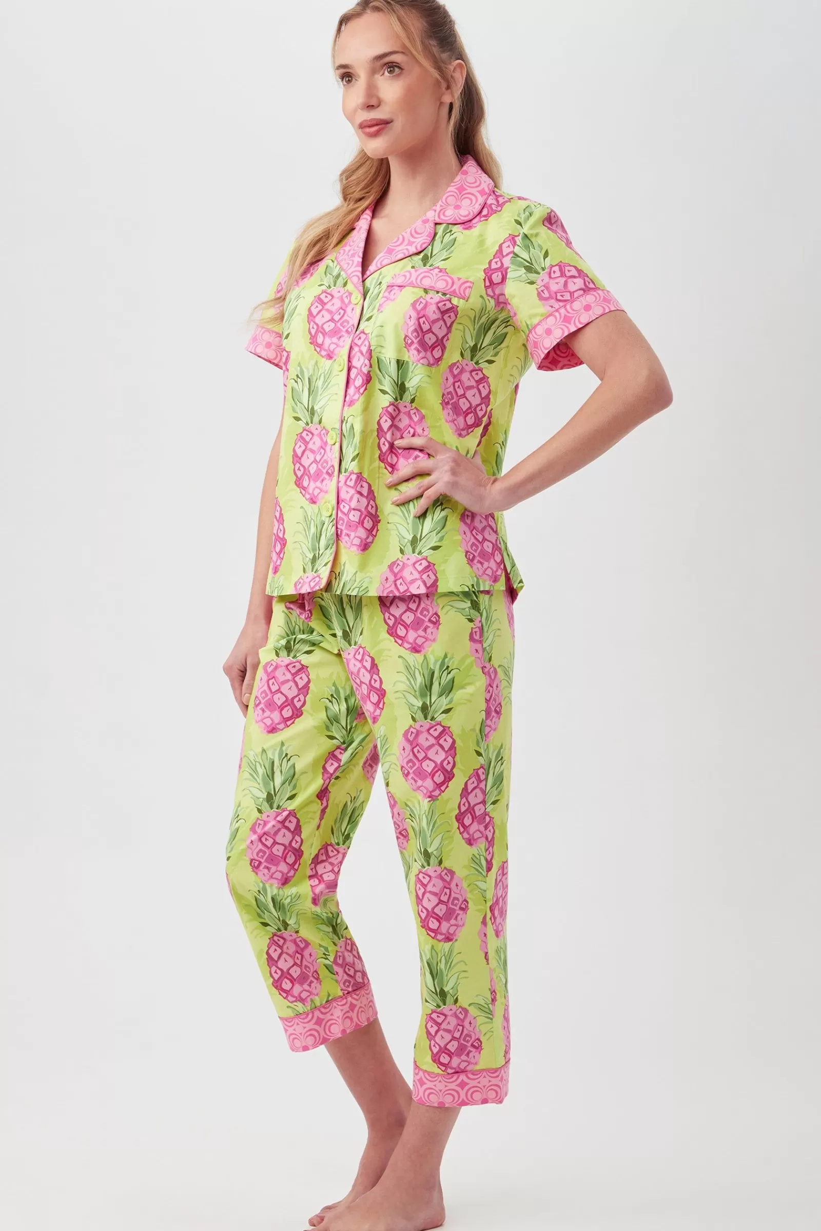 Women Trina Turk Kiwi Pineapple Women'S Short Sleeve Cropped Pant Poplin Pj Set