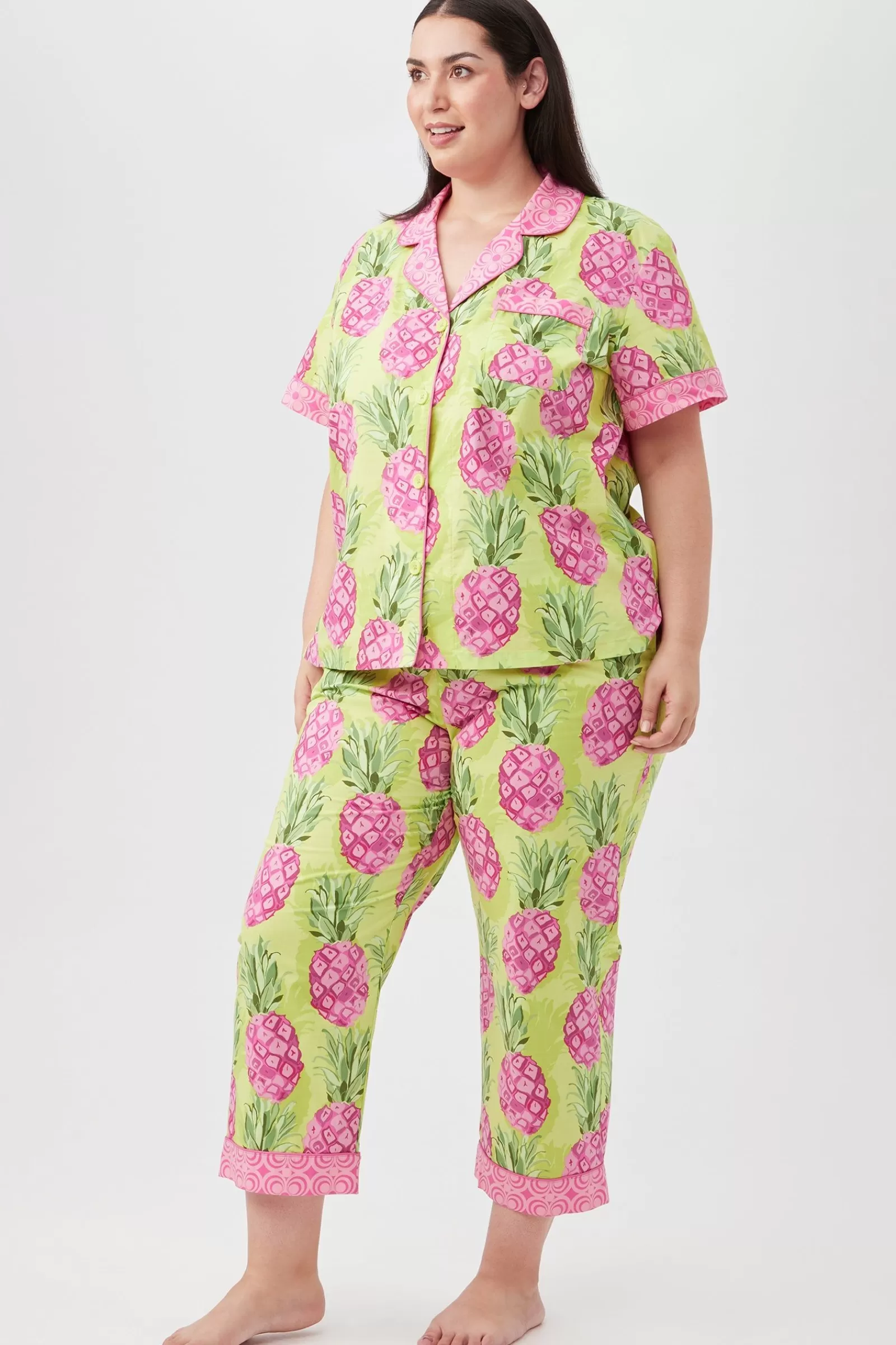 Women Trina Turk Kiwi Pineapple Women'S Short Sleeve Cropped Pant Poplin Pj Set