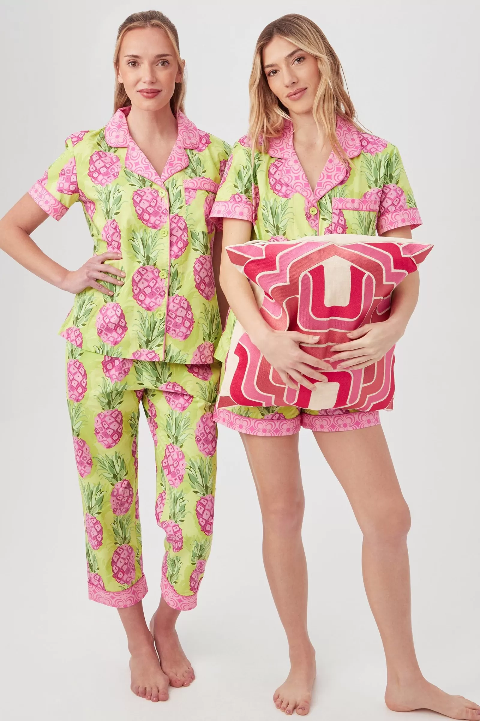 Women Trina Turk Kiwi Pineapple Women'S Short Sleeve Cropped Pant Poplin Pj Set