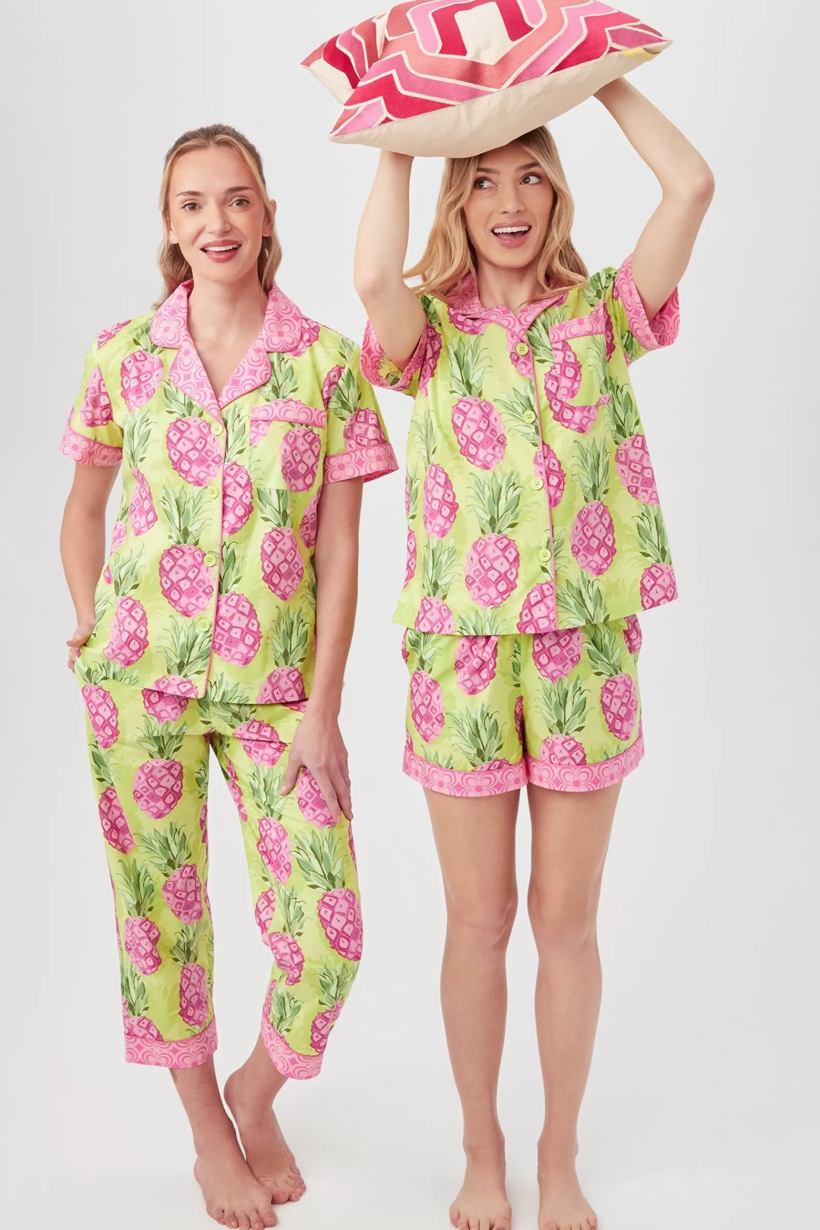 Women Trina Turk Kiwi Pineapple Women'S Short Sleeve Cropped Pant Poplin Pj Set