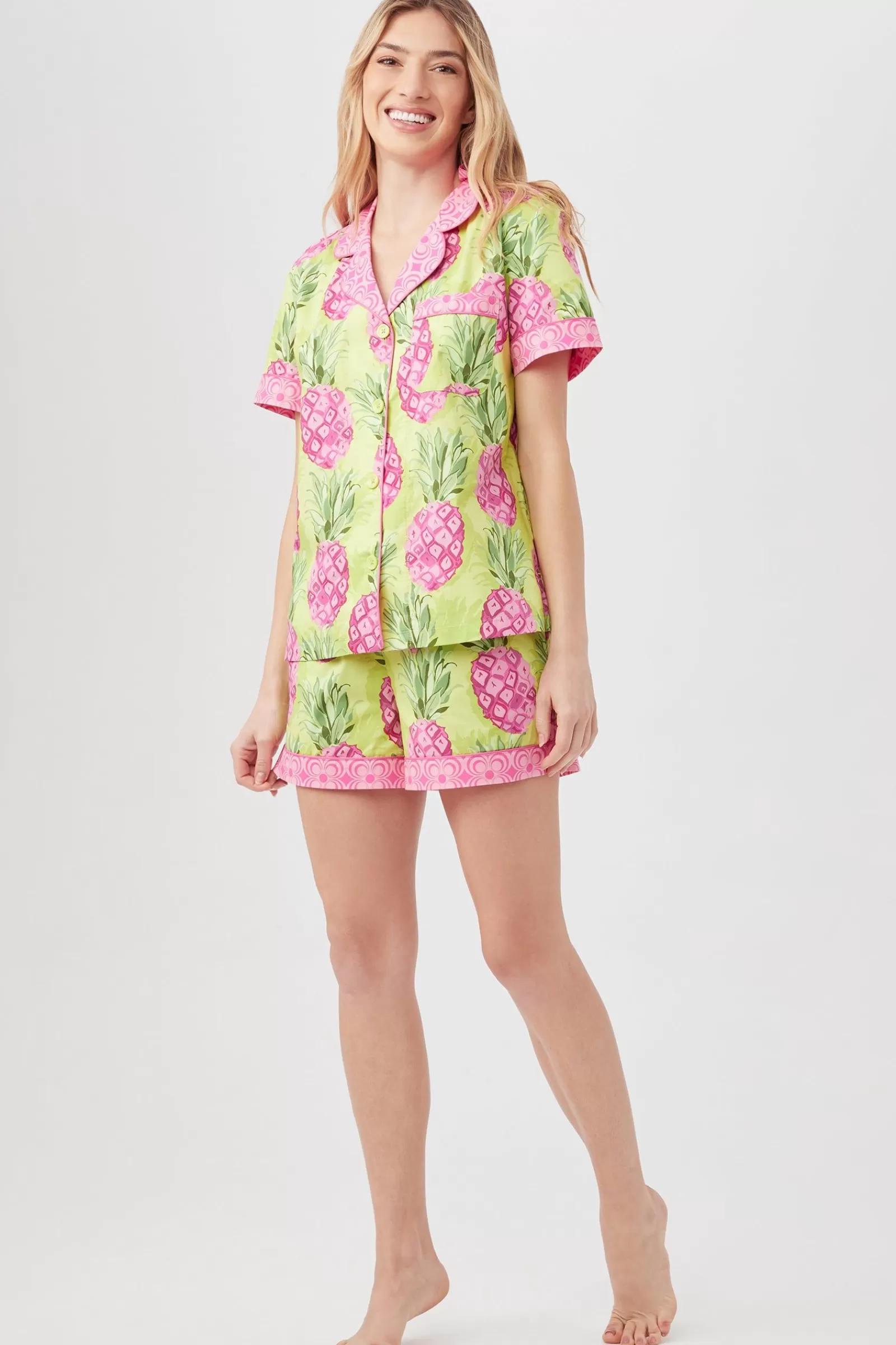 Women Trina Turk Kiwi Pineapple Women'S Short Sleeve Shorty Poplin Pj Set