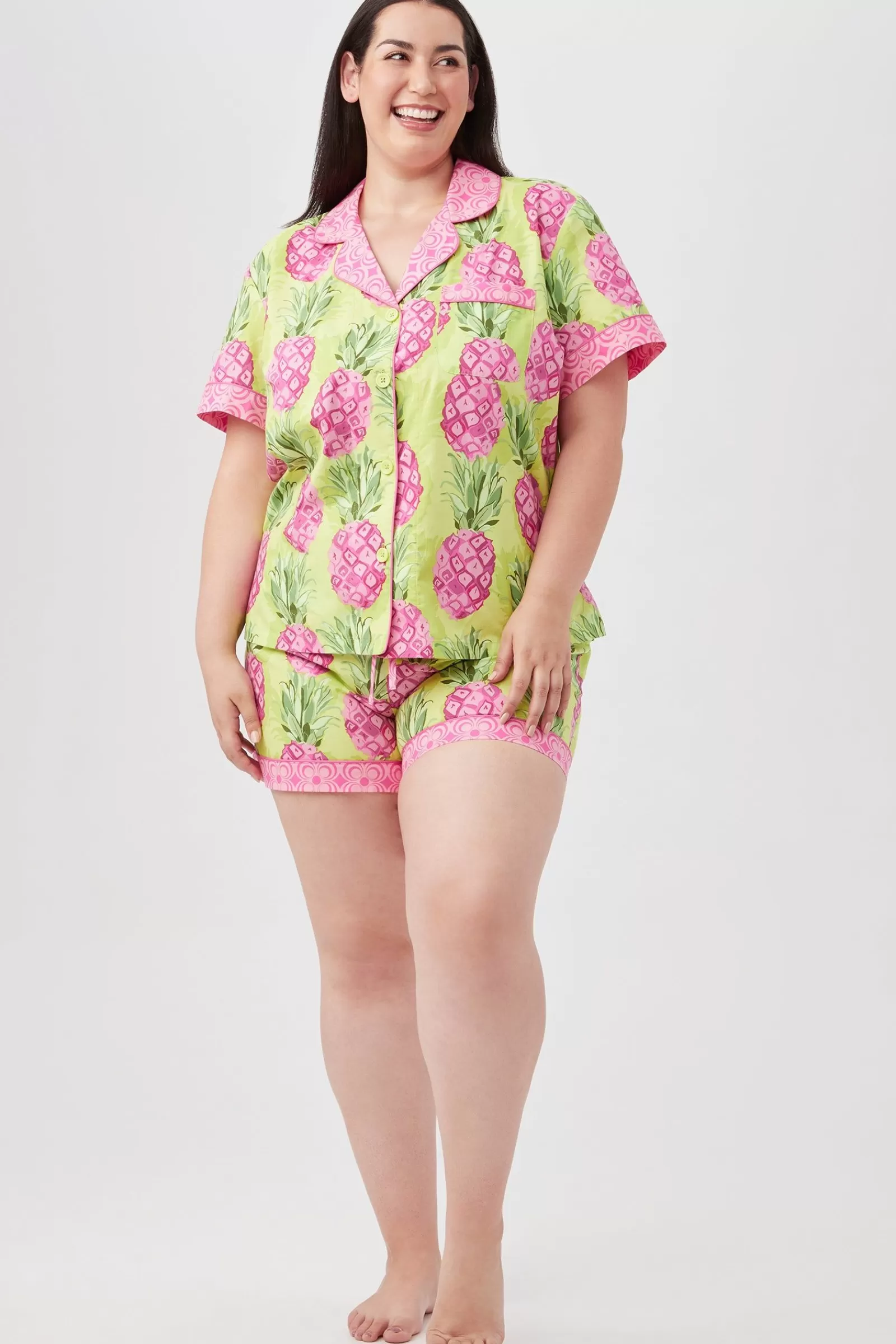 Women Trina Turk Kiwi Pineapple Women'S Short Sleeve Shorty Poplin Pj Set