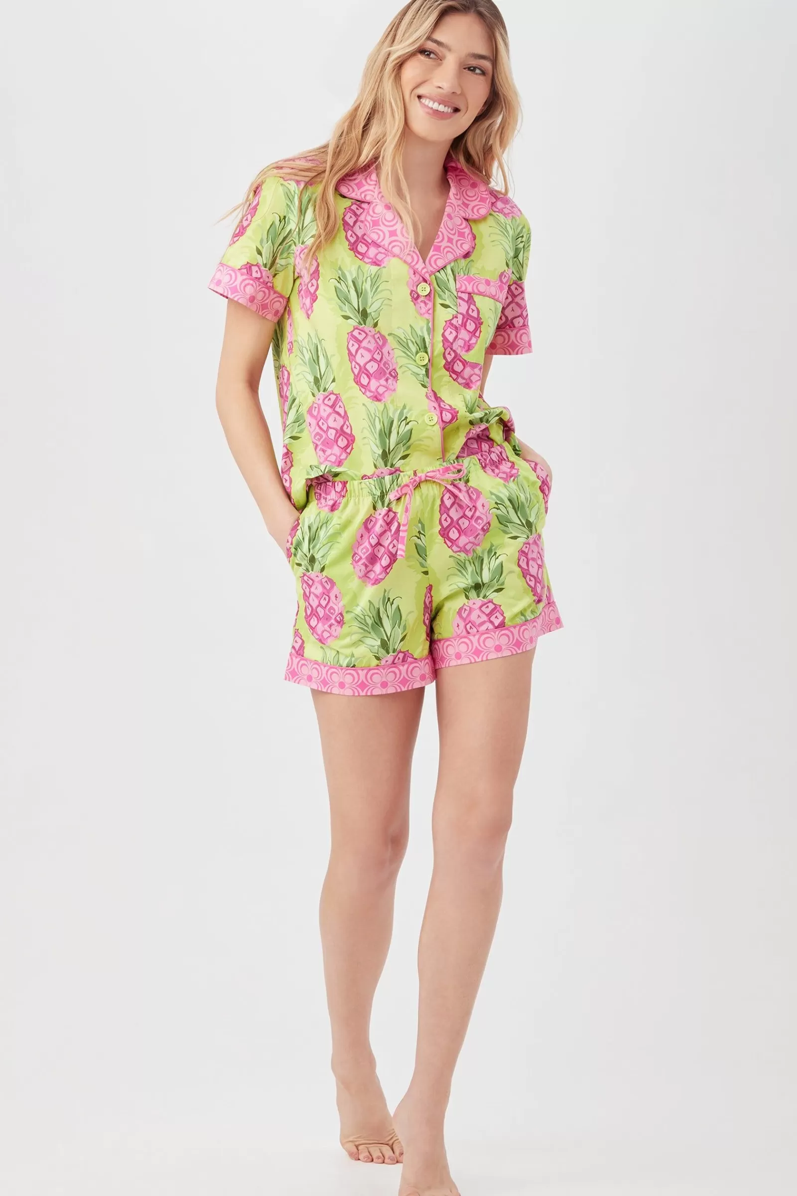 Women Trina Turk Kiwi Pineapple Women'S Short Sleeve Shorty Poplin Pj Set