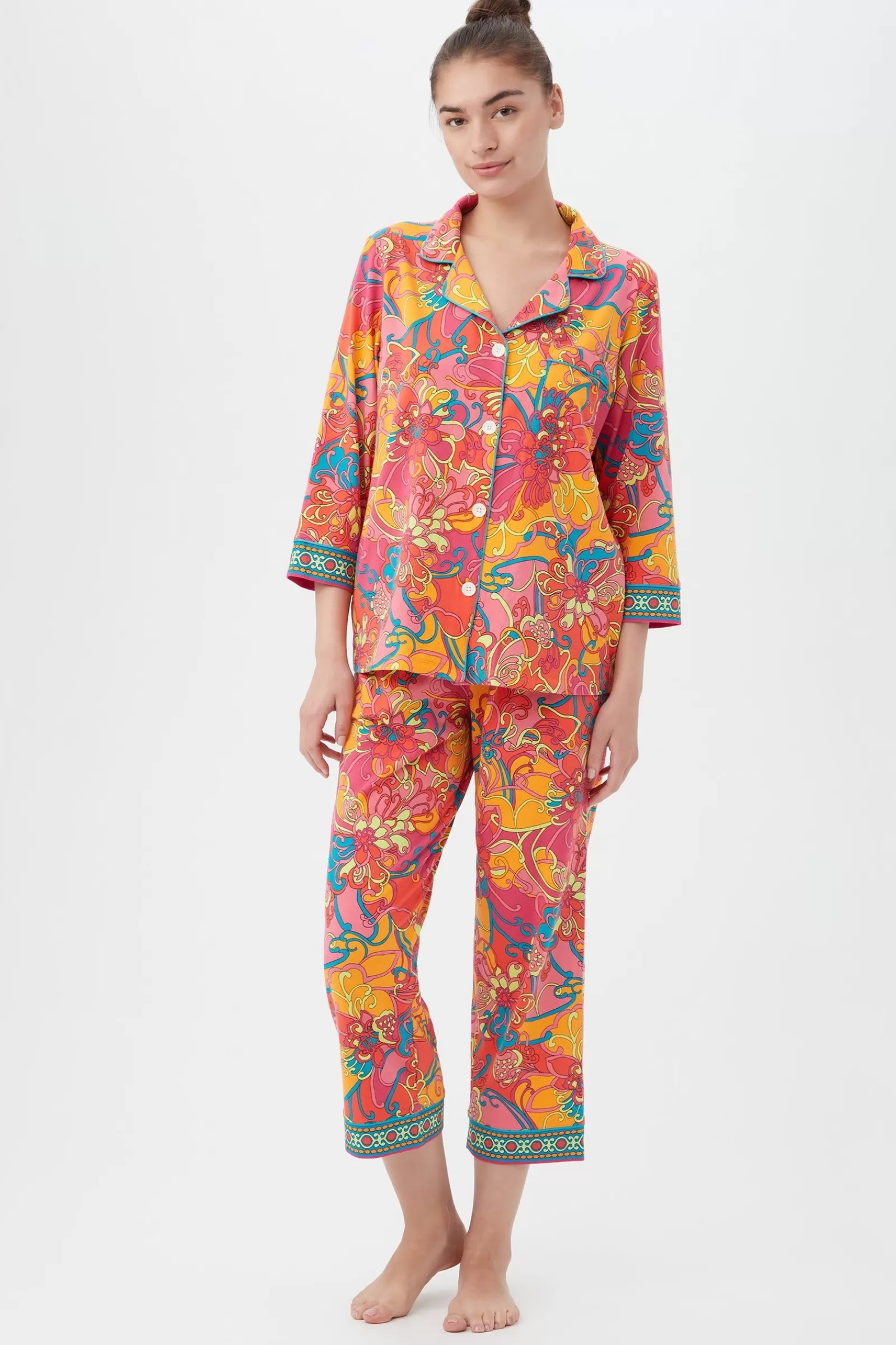 Women Trina Turk Madagascar Women'S 3/4-Sleeve Cropped Pant Jersey Pj Set