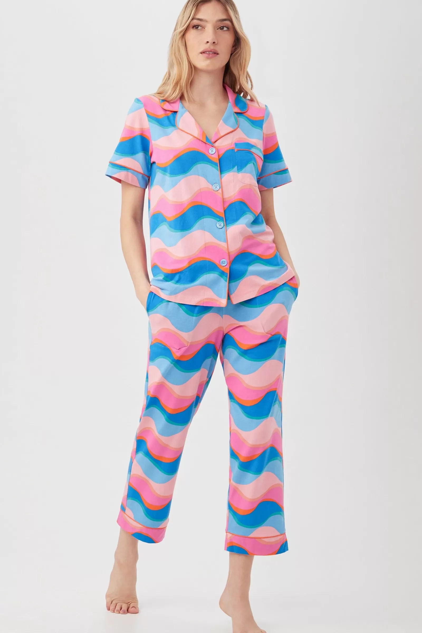 Women Trina Turk New Wave Women'S Short Sleeve Cropped Pant Jersey Pj Set