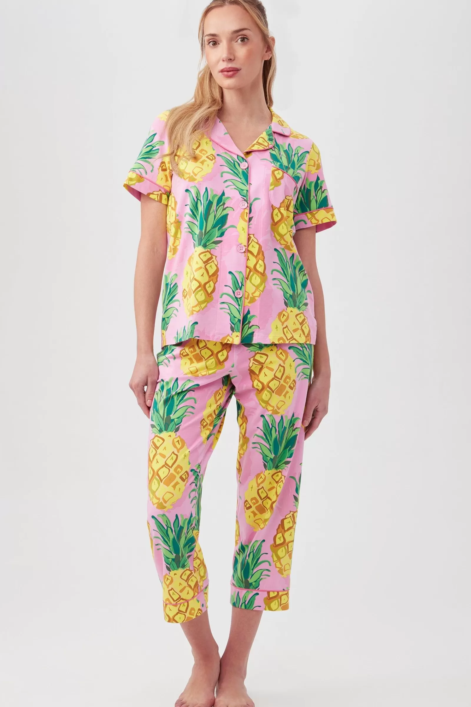 Women Trina Turk Pineapples Women'S Short Sleeve Cropped Pant Jersey Pj Set