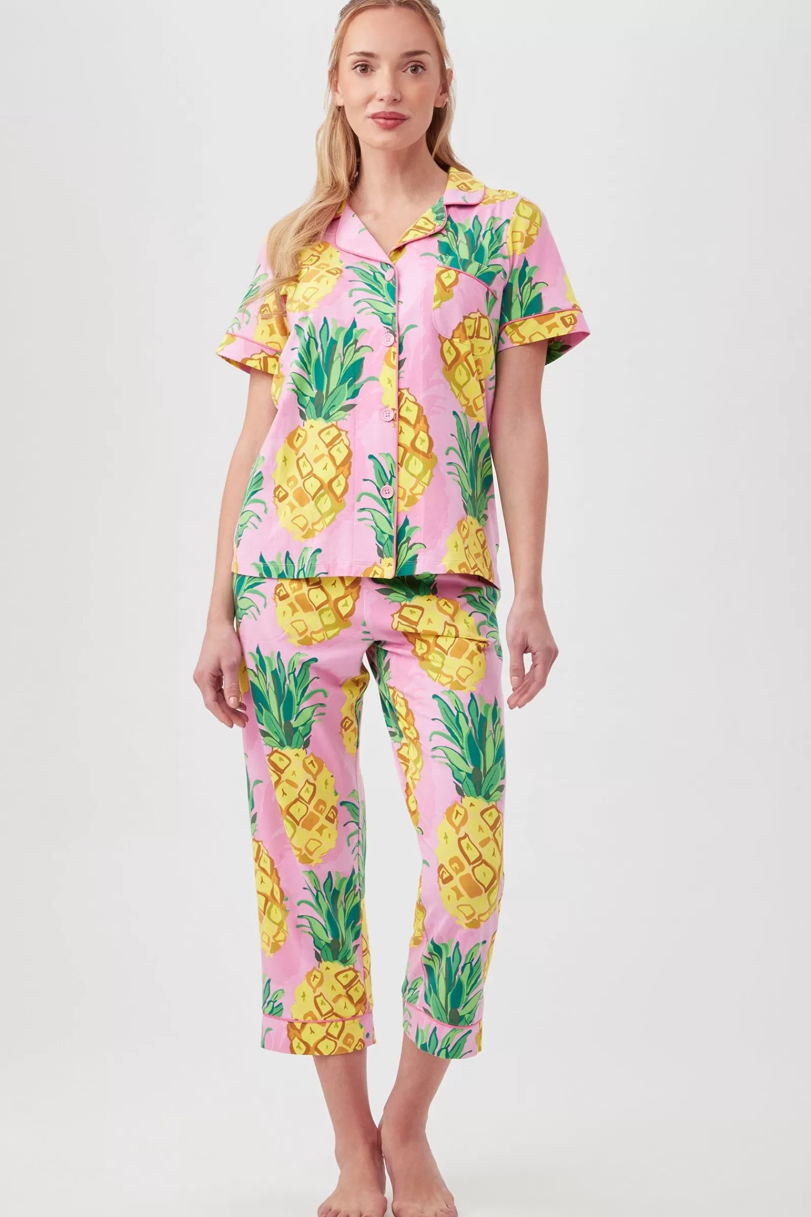 Women Trina Turk Pineapples Women'S Short Sleeve Cropped Pant Jersey Pj Set