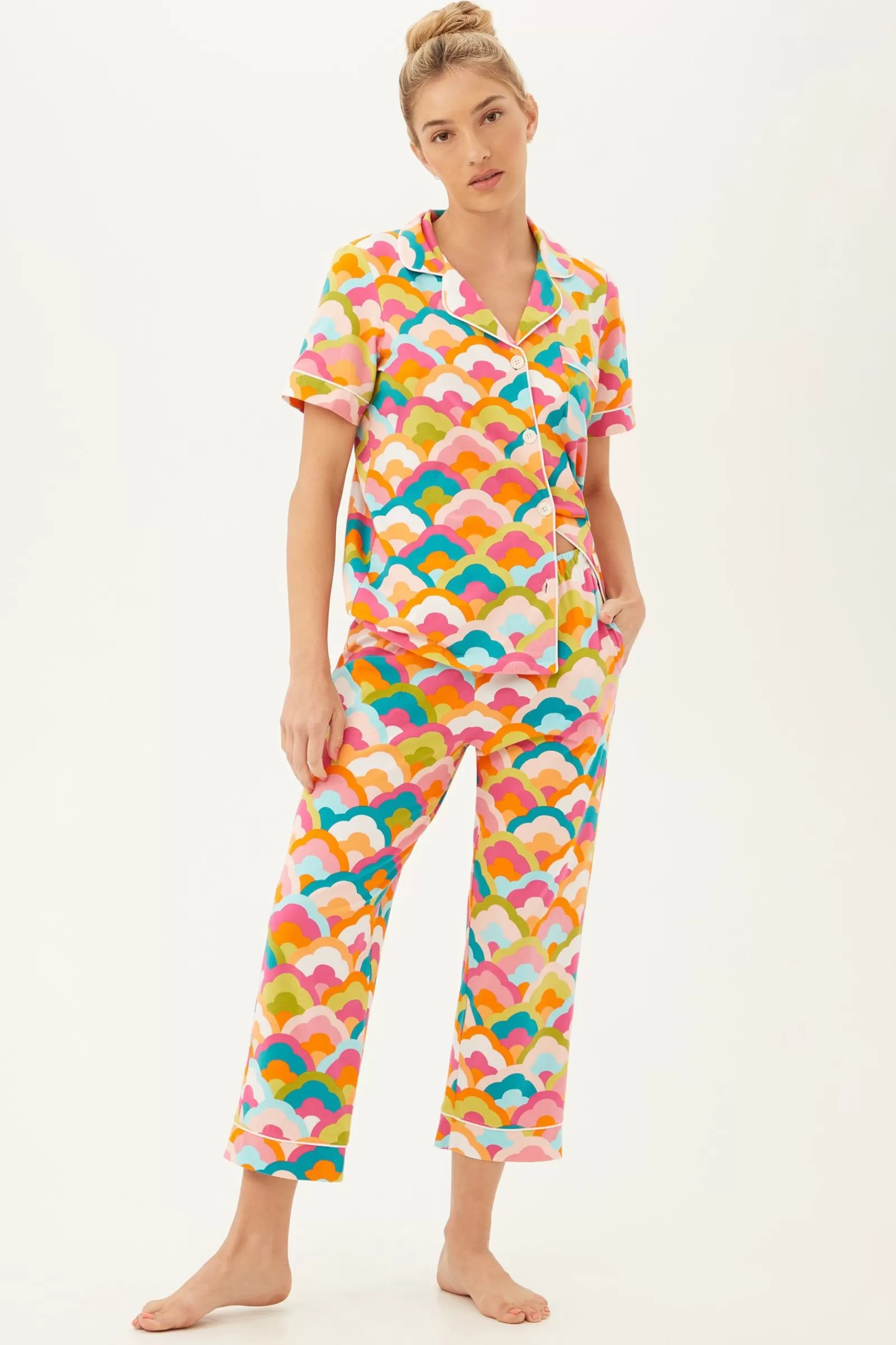 Women Trina Turk Rainbow Cloud Women'S Short Sleeve Cropped Pant Jersey Pj Set