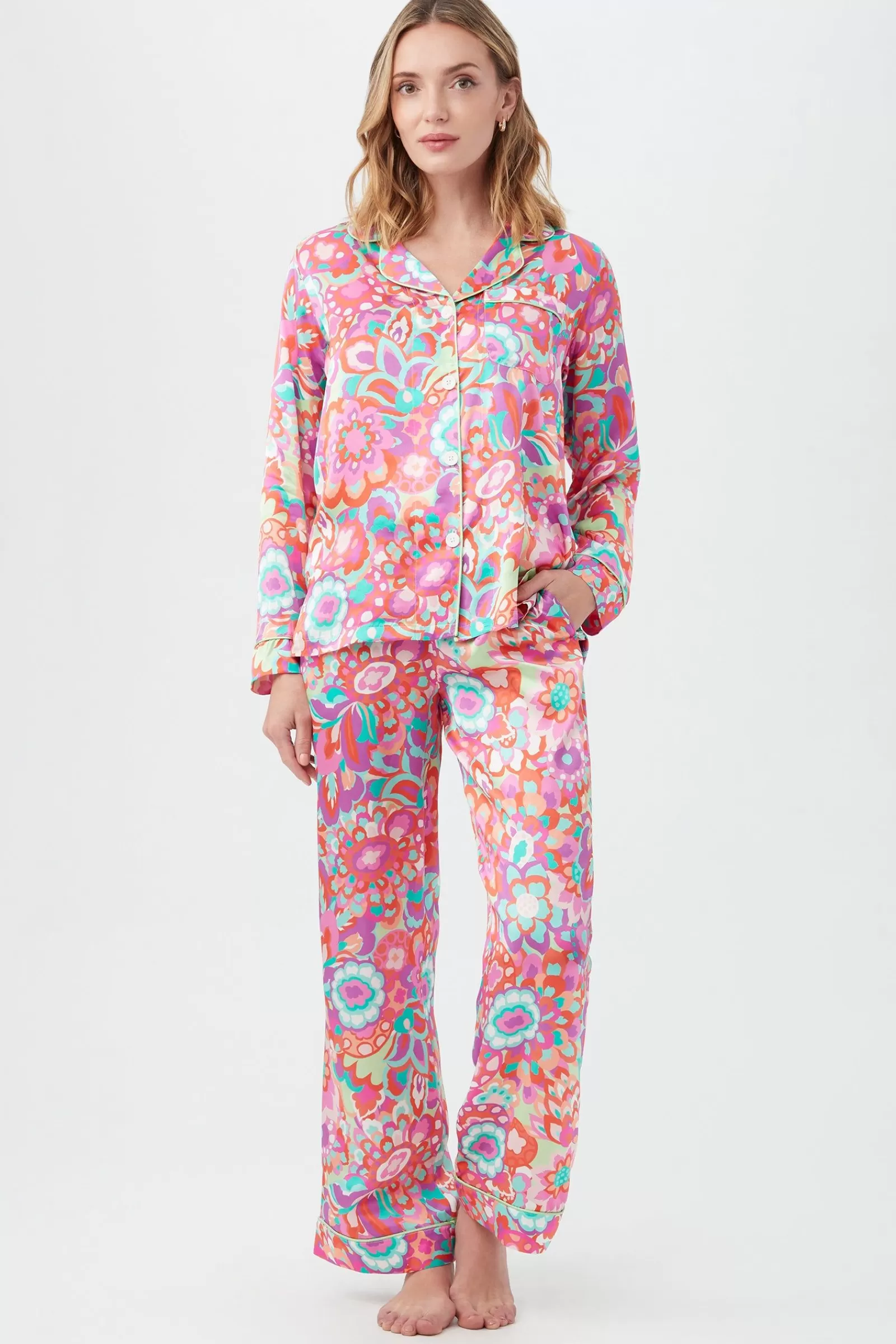 Women Trina Turk Summer Floral Women'S Long Sleeve Long Pant Silk Pj Set