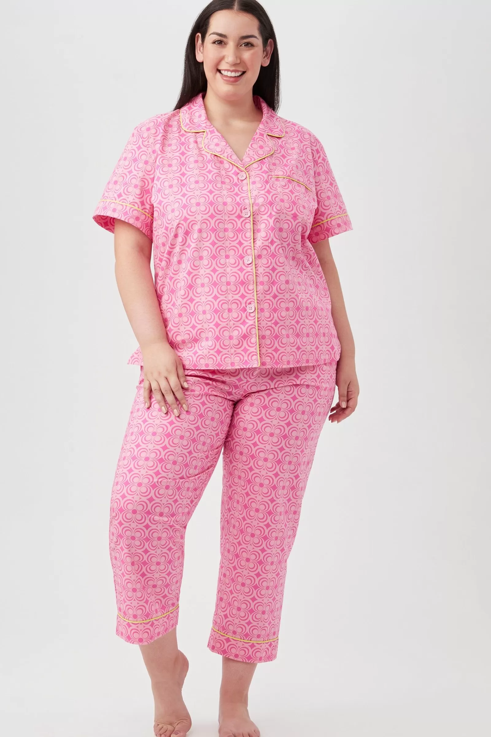 Women Trina Turk Summer Geo Short Sleeve Cropped Pant Poplin Pj Set