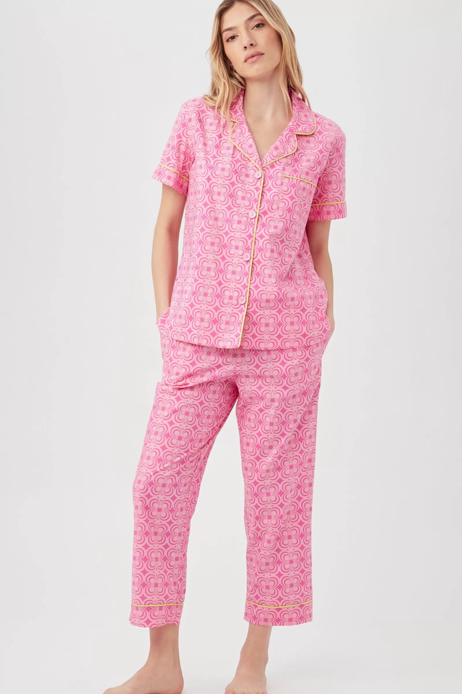 Women Trina Turk Summer Geo Short Sleeve Cropped Pant Poplin Pj Set