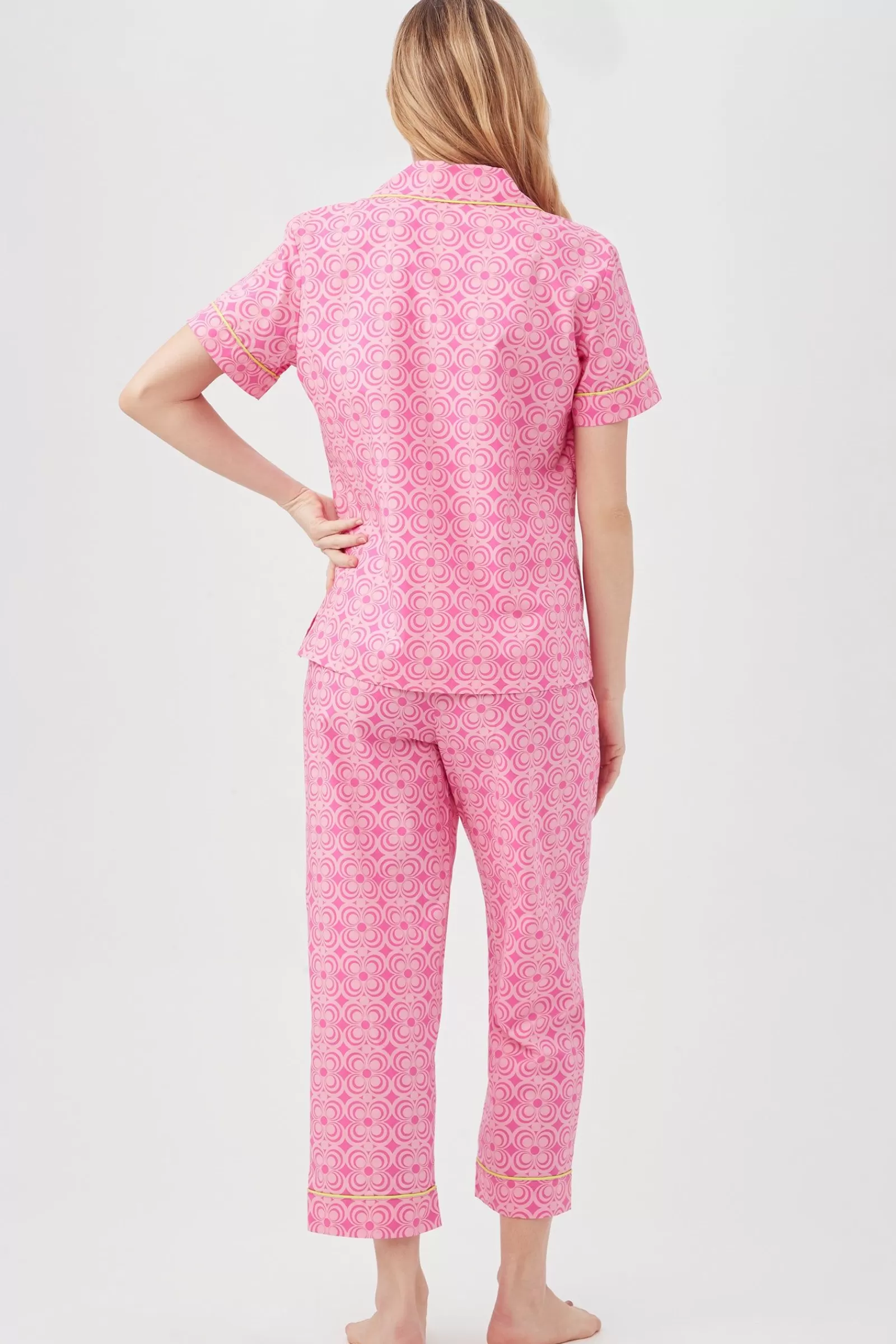 Women Trina Turk Summer Geo Short Sleeve Cropped Pant Poplin Pj Set
