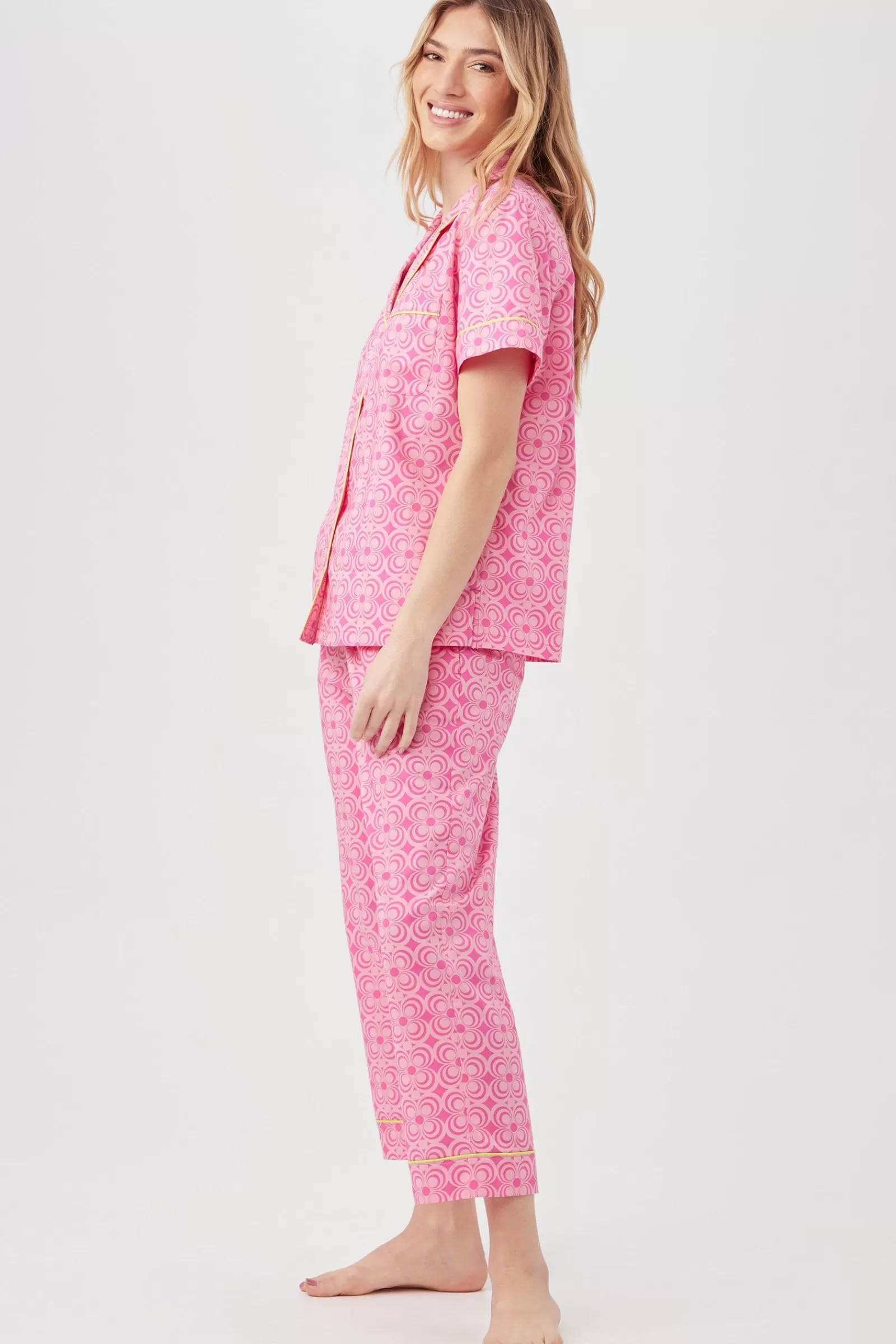 Women Trina Turk Summer Geo Short Sleeve Cropped Pant Poplin Pj Set